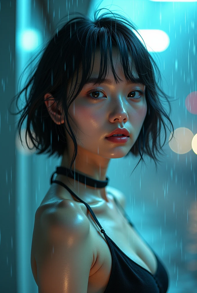 Android girl with transparent glass torso、((wind chimes))、Glass Inner Machine、Detailed skin、short hair wolf cut、A torrential downpour on Saturn&#39;s surface、Wet Hair、Wet body、Strong winds、Actual item、photograph、((Ancient Technology))、((Sexy model pose))、cyber punk、Blue lens flare、anamorphic Lens、Wide-angle lens、nsfw:1.2、Cute idol high school girl face、Beautiful face at the age of 20、Sexy Idol、 Actual item、Detailed skin、photograph、Cinema Art Style,Cinematic Light,Lomography 、Young and attractive Asian woman,　Beautiful fashion model、Cute Japanese Girl、 double eyelid, nsfw,　(Droopy eyes)、(round face)、Smile、Thin lips、元気Young Gravure Idol, Young Sensual Gravure Idol, Young and cute gravure idol, Young Gravure Idol, Beautiful Japanese girl face, Cute seductive smile, Japanese Model, Beautiful Asian Girl, Girl cute beautiful face、Neutral face、Cool face、Plump Cheeks、Large cheeks、A strapless, dull silver, tiny bikini、Immerse in a World of Dark Tones