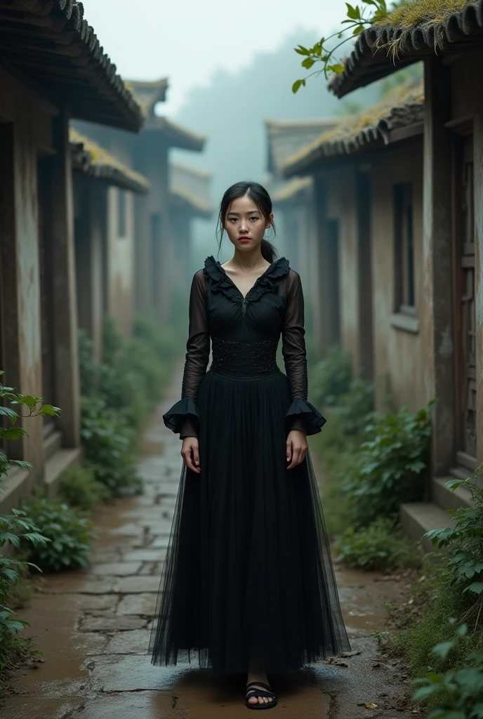 A beautiful looking young Mong woman wearing a black mink dress is walking in a very old Mong village alone in sadness.