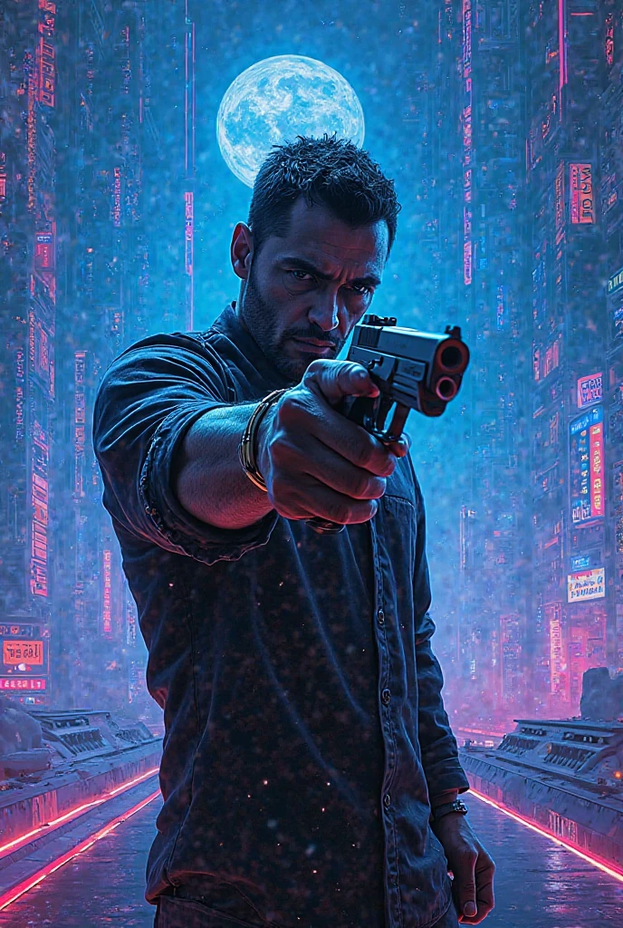 A man shotting me with a gun looking like blue horizon funk song cover