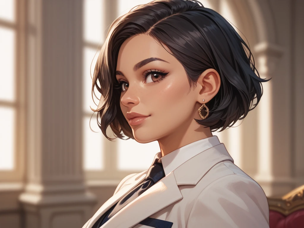 Trans Girl, Formal, Latina, Short Hair, Black Hair, Medium Build, Brown Eyes, Portrait, Cartoon style.