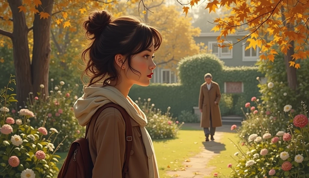 Emotional painting, Clara, 43-year-old woman, fair skinned and with shoulder-length wavy dark brown hair, usually tied in a loose bun or ponytail, walking alone through the garden where her father used to sit, autumn light, peaceful and reflective atmosphere.