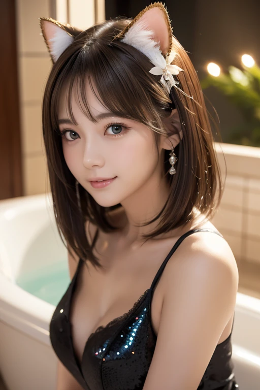 Glittering night view、Sexy pink dress、Wink with a provocative smile、short-haired、beautiful blonde japanese actress、sakimichan、cinematric light, realisticlying, tmasterpiece, best qualtiy, Complex CG,Highly detailed face,High detail eyes,The mouth is shaped like a KISS