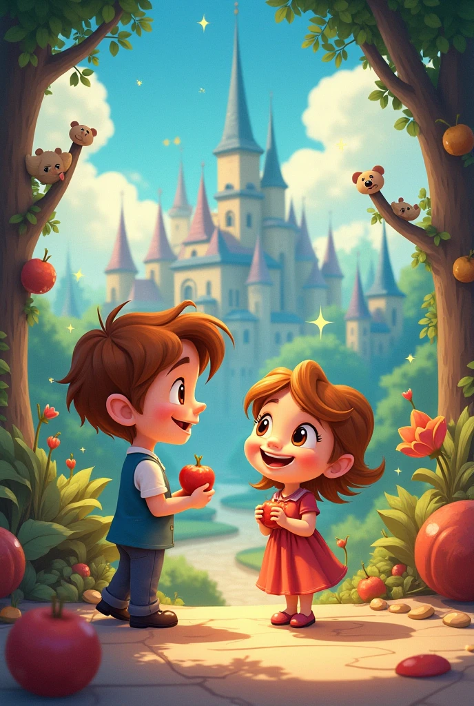 Foreground: Leo and Sofia, the two adventurous children, are sitting on a blanket in the castle's garden. They are surrounded by lush greenery and colorful flowers. A basket with remnants of a picnic—perhaps some bread, cheese, and fruit—sits nearby.