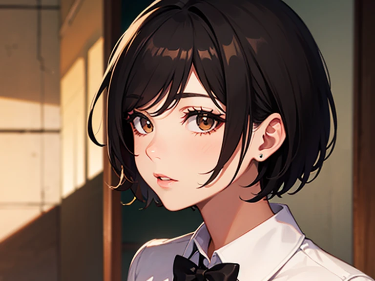 Trans Girl, Formal, Latina, Short Hair, Black Hair, Medium Build, Brown Eyes, Portrait. 