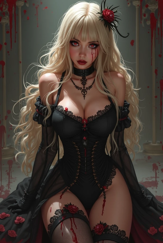 score_9, score_8_up, score_7_up, score_6_up, rating_explicit, 1girl, ((18YO:1.2)), Adult, full lips, big clear eyes, light blue eyes, ((blond hair:1)), (long wavy hair: 1.2),mad-wsps,made of mad-wsps,Painting,Color splash,highly detailed,Tempting ("The 22yo of Dreams":1.3),(art by Tatsuyuki Tanaka:1.4) ,(cabello white canoso largo :1.4), (Detalles de la cara: 1.5, ojos azules brillantes, hermoso rostro, ojos bonitos, Contorno del iris, labios delgados: 1.5, Thin, sharp pale eyebrows, Long, dark eyelashes, double tabs),Surprising,Muted Colors,Decals,(Floral motives:1.4) ,asymmetrical,(manos perfectas detailed : 1.5),(guantes negros), (Friarmoody lighting,Sharp and in focus,8k, Visual novel,Moody lighting, Brilliant Lighting, D&D Style Portrait, (((masterpiece))) , (((best quality))) , hyper detailed),soft lighting,HDR,Ilford HP5+ 400,Depth of field 270mm,adobe lightroom,Full Body,Fire and Ice,Ruby Red Rose,Red Mode,Insane Quality,Color Splash,,DonMW15pXL, VP, (dynamic cowboy pose),( fondo bosque encantado tenebroso rojo sangre flores :1.4), (colores brillantes), (UHD 8K), (realistic V2.1), (estilo encaje rojo lingerie :1.4), (perfect ???????), ,(lolita punk rock gothic red:1.4 )