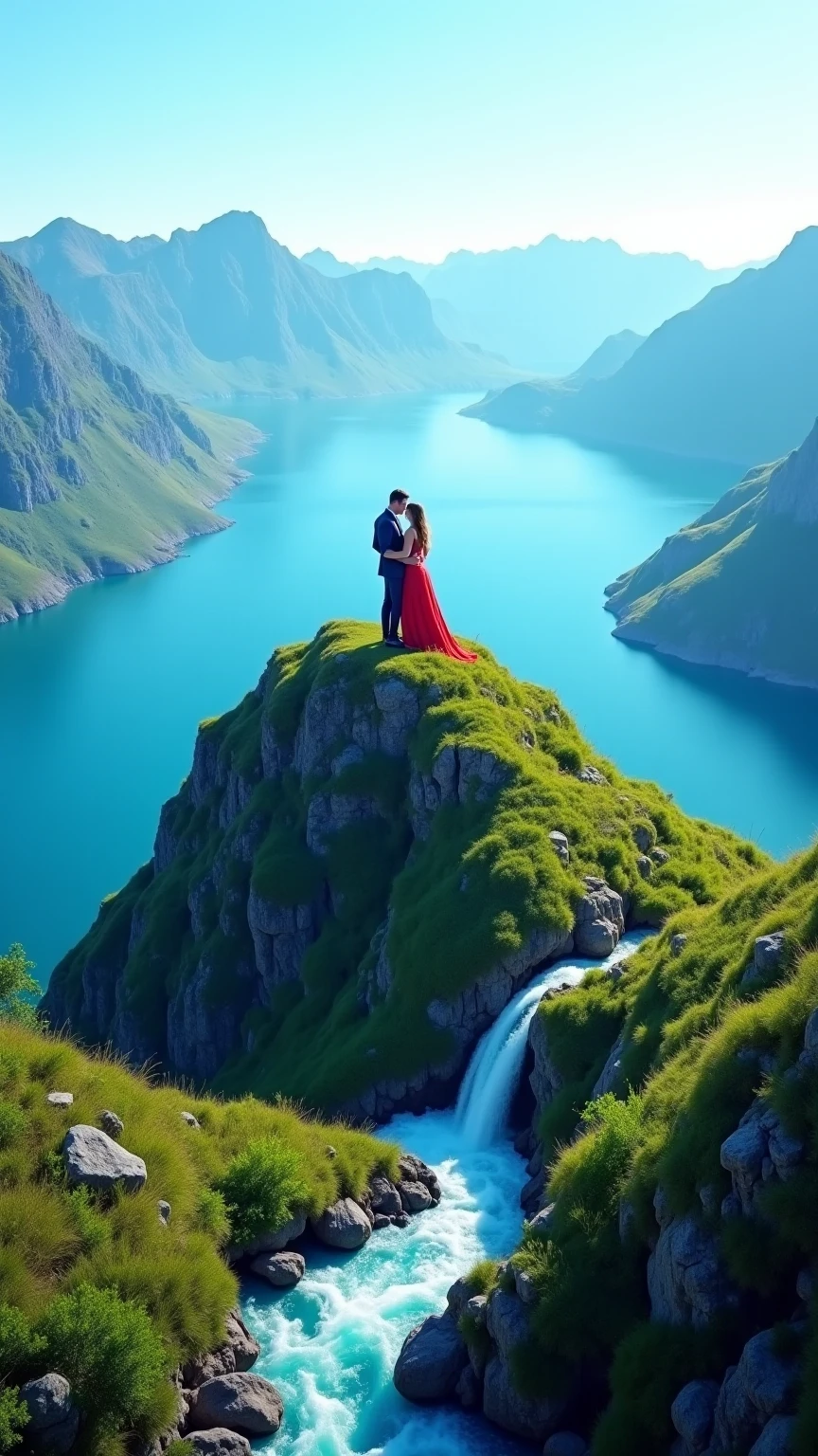 There is a man and a woman standing on the pier in front of the mountain, the background is the mountain, the background is the mountain, the background is the mountain, the background is the mountain, the background is the mountain, the background is the mountain, standing in front of a mountain, the background is the mountain, some mountains in the background, the couple kisses , 8k, RAW photo, ((detail: 1.4)), portrait, best quality, super high resolution, super realistic, realistic