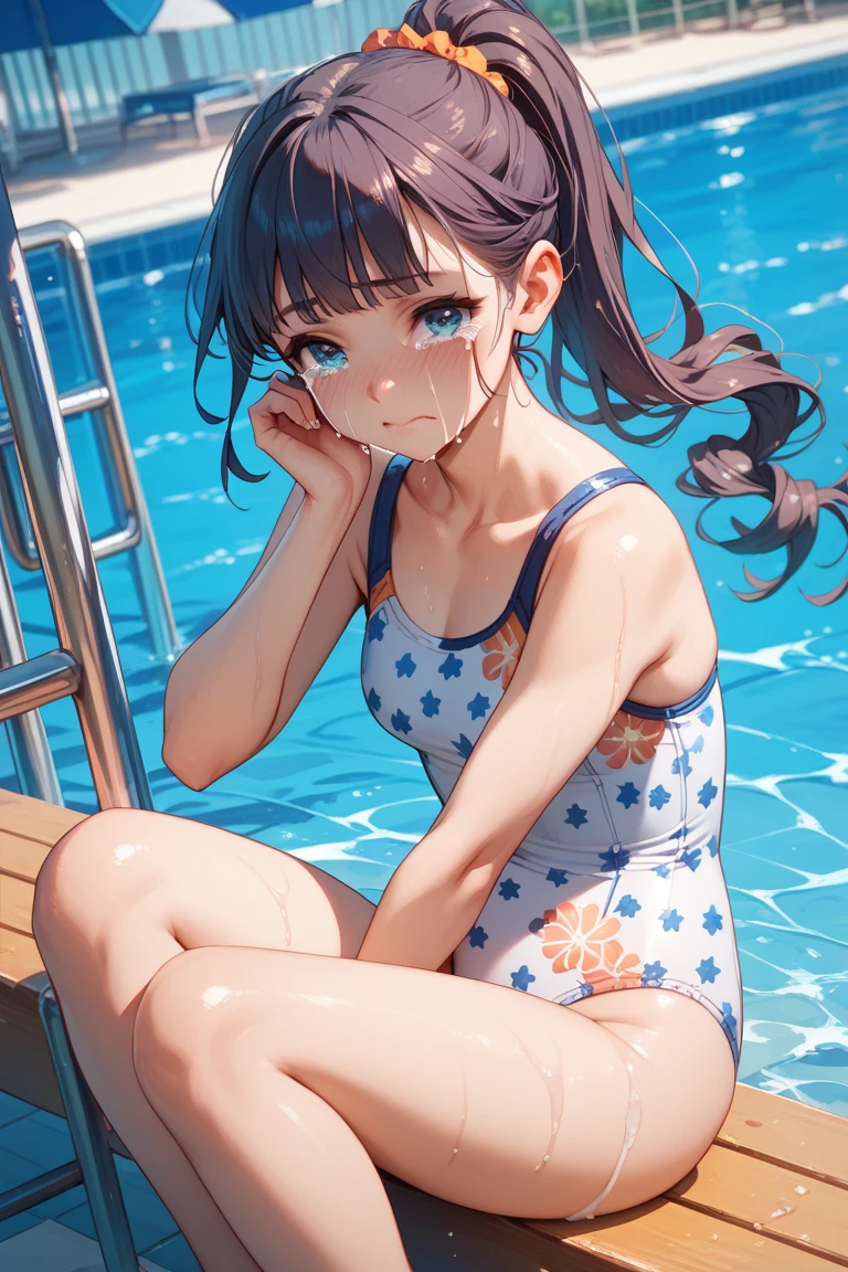 masterpiece,Highest quality,Cute doodles,Hilarious, Honor student, ,Low length,Curly Hair, Twin tail hair,Vibrant, inquisitive eyes,freckles,Thick eyebrows,Open Fly,Swim in a simple pool in your garden,Jojo Fashion,Water gun,Wet body,Water Drop,enjoy playing in the water,splash, Sheer one-piece white swimsuit for children, ng sexy
