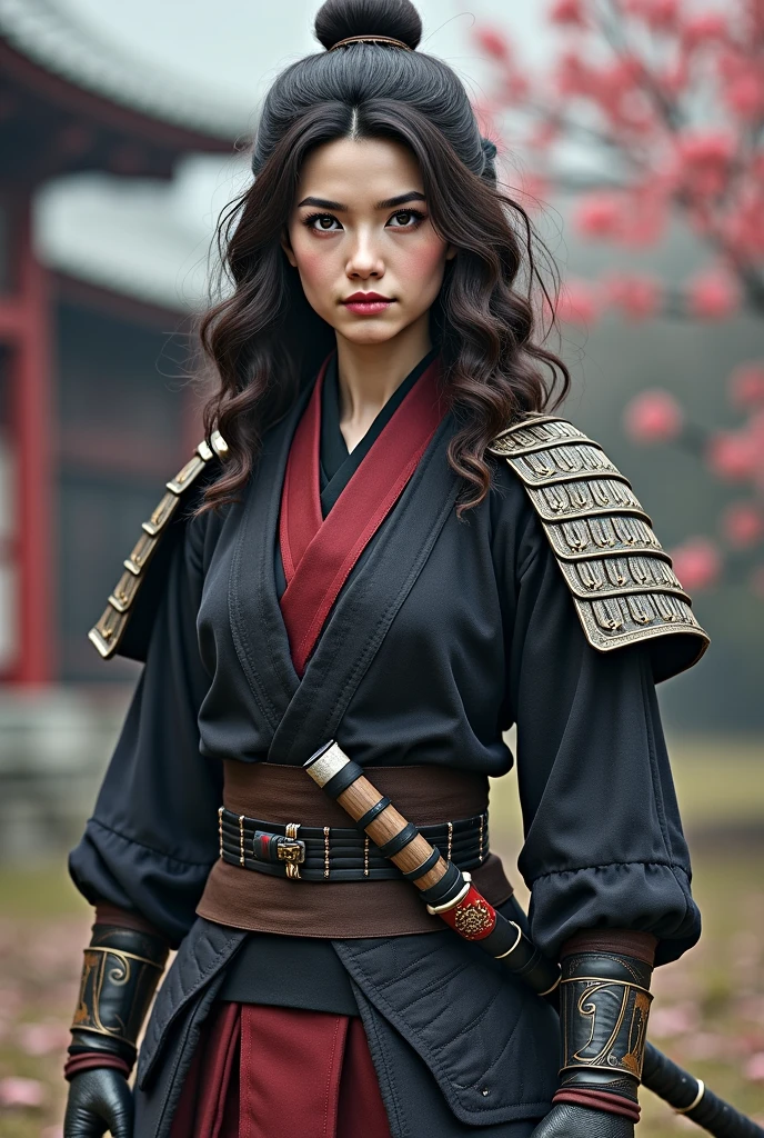 A samurai wufe with dark brown curly hair and white round shape face with brown eyes with black eyeliner 