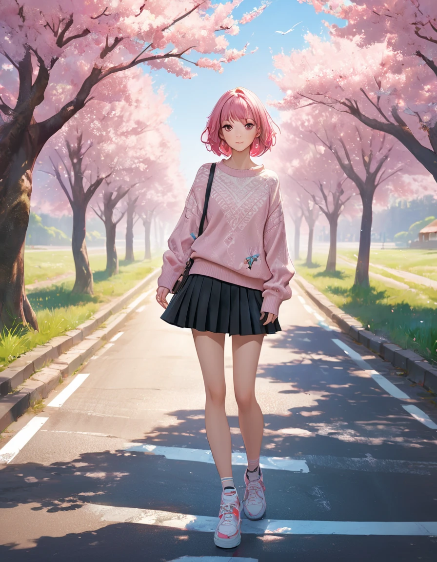 Detailed Faces, cute face, masterpiece, top quality, VERY DETAILED, shape, Wide angle,  girl standing in the middle of the road, alone, middle road and pink cherry trees by the roadside, full body, 20th generation, pink hair, sweater, short skirt for hypnotic suggestion, fashion,, composition, balance, Harmony, rhythm, color, light, shadow, reflection, refraction, tone, Contrast, Leads, Middle Road, background, naturalist, Figurative, Expressive.