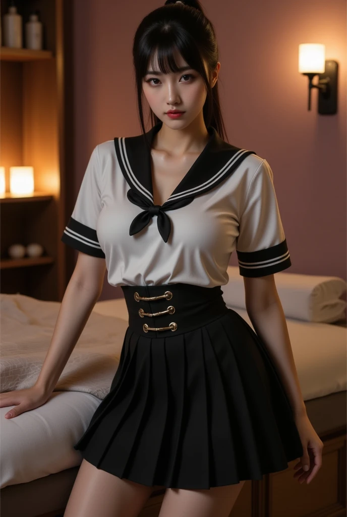 ((SFW: 1.4)), One Woman、Detailed face, Cute face,Brown eyes,masterpiece , Highest quality , Very detailed , Sailor suit , Pleated mini skirt、(Mature Woman) , Lie , Raise your arms , Underarm , From above , Japanese , smile , Bedroom、On the bed、