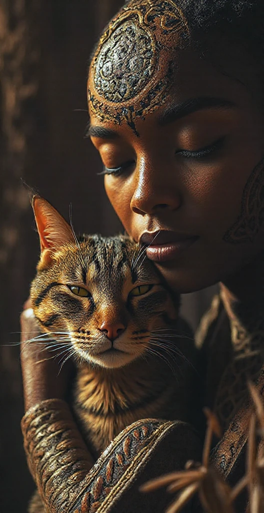 Close-up portrait of a young woman of African descent, with intricate geometric patterns etched on her forehead and arms, tenderly cradling a tabby cat.  Woman's eyes are softly closed, expression serene, and her gaze directed towards the cat.  She has a warm, rich complexion and a calm, peaceful expression. The cat is nestled close to her face, its closed eyes too. The tabby cat's fur is detailed, showcasing the brown and tan stripes and spots, with a soft texture.  Woman's clothing appears to be a simple, close-fitting garment, possibly woven or leather, in rich earth tones. The garment displays similar geometric patterns to those on her face, and shows rich textures.  Deep shadows and highlights emphasize the intricate detail of the patterns on the woman and cat. The lighting is warm and focused, emanating from an unseen source, highlighting the woman's features and the cat's fur.  A dark, rich, background complements the scene, emphasizing the intimacy and peaceful interaction between the woman and animal.  Detailed focus is on the textures of both the human skin and the cat's fur.  Photographic style is evocative of ancient cultures or historical storytelling.  Extremely detailed, photorealistic, intricate patterns, close-up, warm tones, realistic fur, cinematic lighting, 8k --ar 1:1.5 --s 750, DALL-E