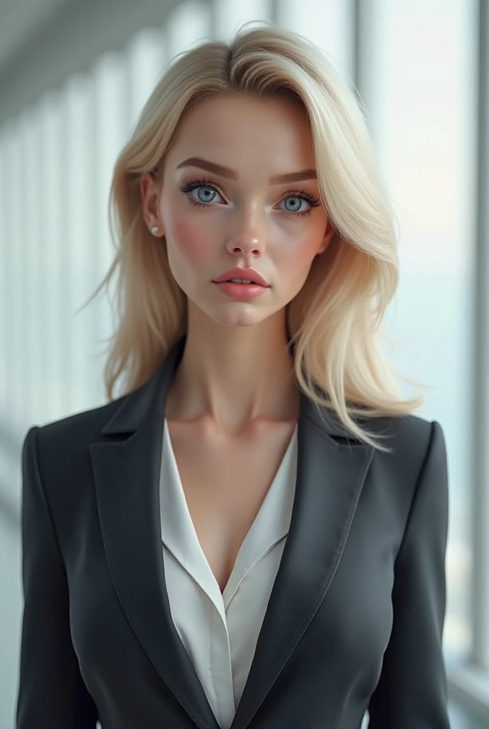 Create a photorealistic, 4K image of a female receptionist in a small modern art gallery. She is 18, platinum blonde, at only 4'11" inches tall, and has intense blue eyes. She is dressed in a woman's business suit that is slightly non-traditional with only a slip underneath the jacket. Her appearance looks a lot like a Nordic Emilia Clarke. She always has a wicked smile, like she has something naughty on her mind. The framing should be selfie style, looking 45 degrees from directly in camera.
