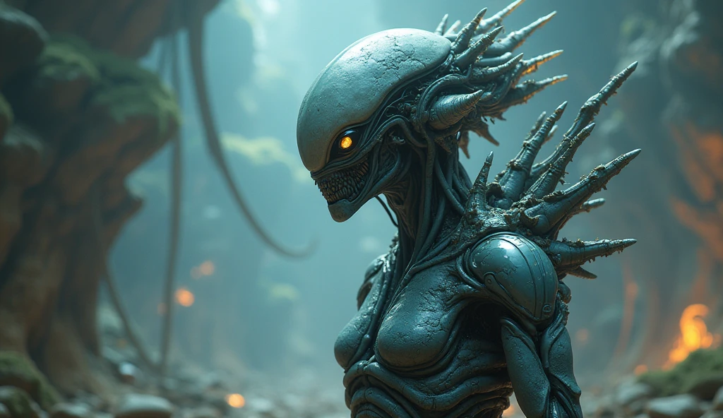 (Best Quality, Masterpiece:1,1), Fantastic view of the alien creature, Emotions on the face, A hyper-realistic, Detailed, 8K