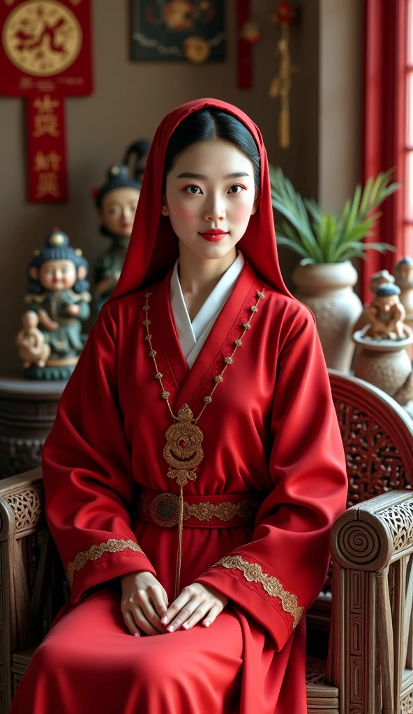 A pretty face nun, wear red clothes. sitting in the room containing chinese horoscope feng shui items. bright eyes looking straight 