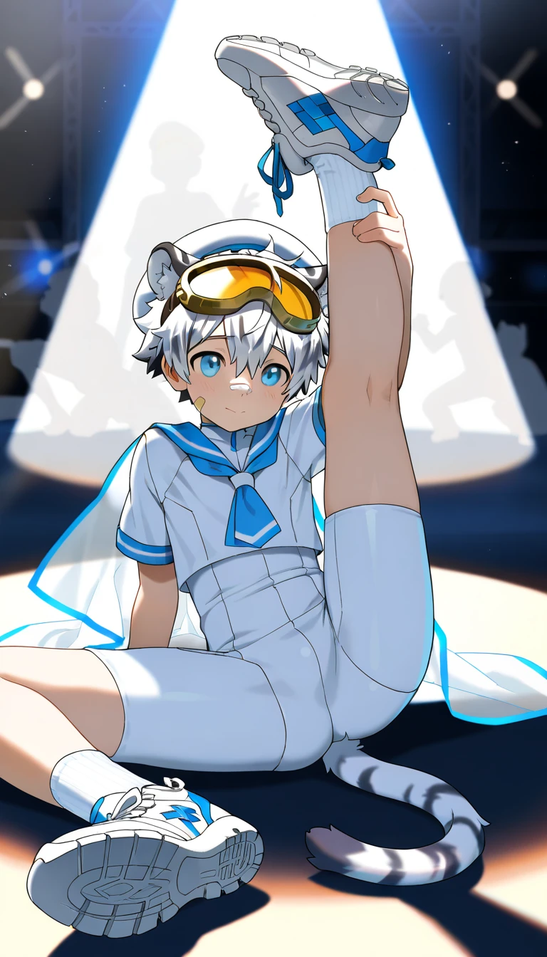 (Very high definition),eureka, night, moonlight, lone girl, purple eyes, short light blue hair, choker, hair clip, white and blue dress, long sleeves, white and blue knee high knee boots, shiny boots, full length view, legs up showing soles, sitting on chair, from just below, slightly grumpy, arrogant attitude, (close-up view of soles of shoes)