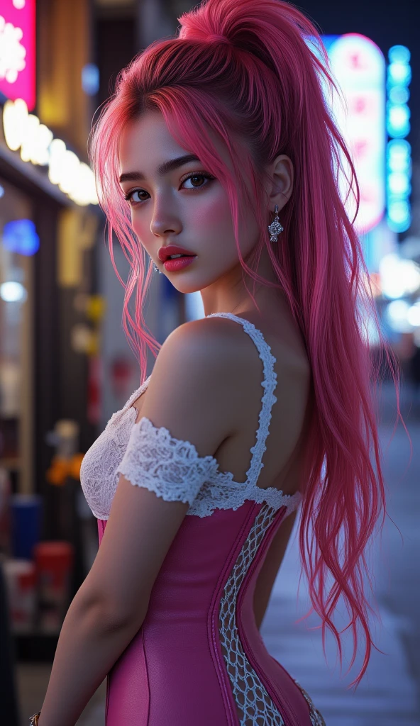 tattooed full body, fine and delicate woman, photo portrait, realistic, pink eyes, long eyelashes, almond-shaped eyes, red lips, punk rap style, seductive neckline, pink cotton blouse. intricate details, vivid details, detailed skin, detailed body, vivid colors, bokeh, long pink hair, colorful hair, listening to music, dj, cute figure. sitting thinking, thoughtful, sitting leaning on a wall with GRAFFITI images.