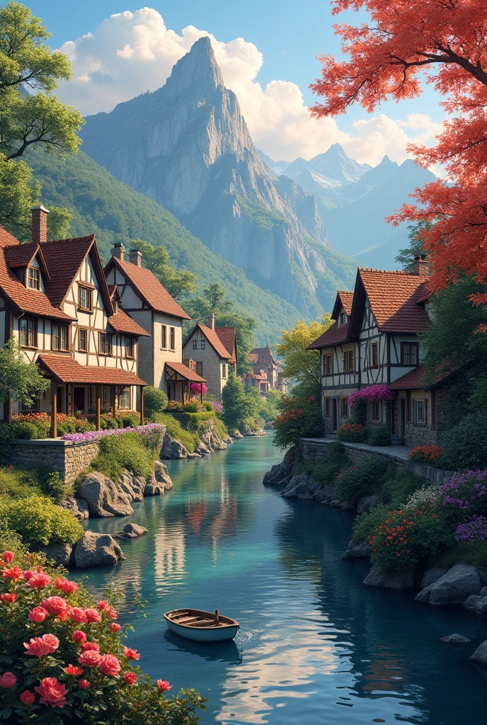 A small village by the river, mountains in the background, colorful flowers, detailed landscape style, beautiful natural scenery, atmospheric lighting,  scorching sunset ,  warm colors, practical, photographic, detailed foliage, complex buildings , cobblestone street, charming country house, vibrant colors, lush vegetation, reflections in the water, pitoresco, idyllic, work of art, Best Quality, 8k, extremely detailed, anime style