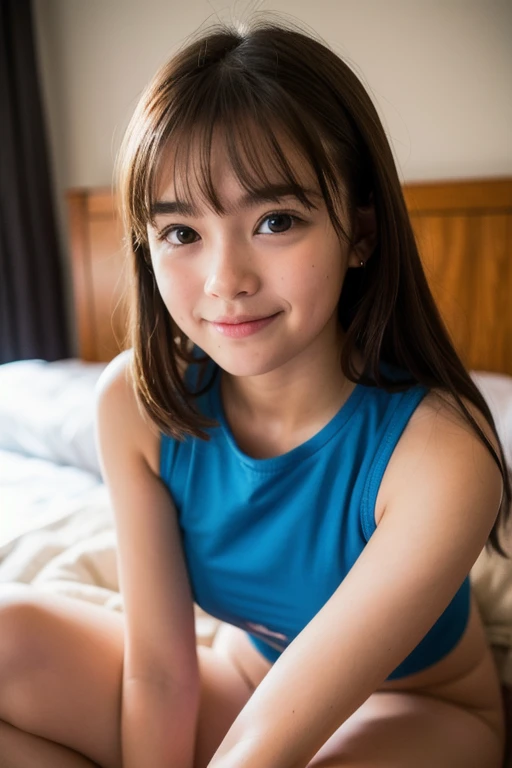One girl, short hair,Black Hair,smile, summer, room,Bed,Sit down,Down to the feet,6th grade elementary school, Look at me, Navy blue tank top,skirt,transparent, (masterpiece, Highest quality), Soft Light, Structure of the film, Cinematic