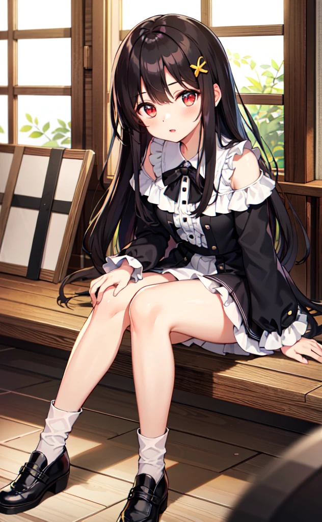 (Highest quality,High resolution,Beautiful attention to detail,White lighting:1.2),Red eyes, View your viewers, Long Hair, Black Hair, Knee-high boots, Black footwear, blush, Sitting, Long sleeve, bangs, Part your lips, Black Hair, dress, Raise your knees, Brown Hair, white skirt, Frills, skirt,Thighs, Side Lock,