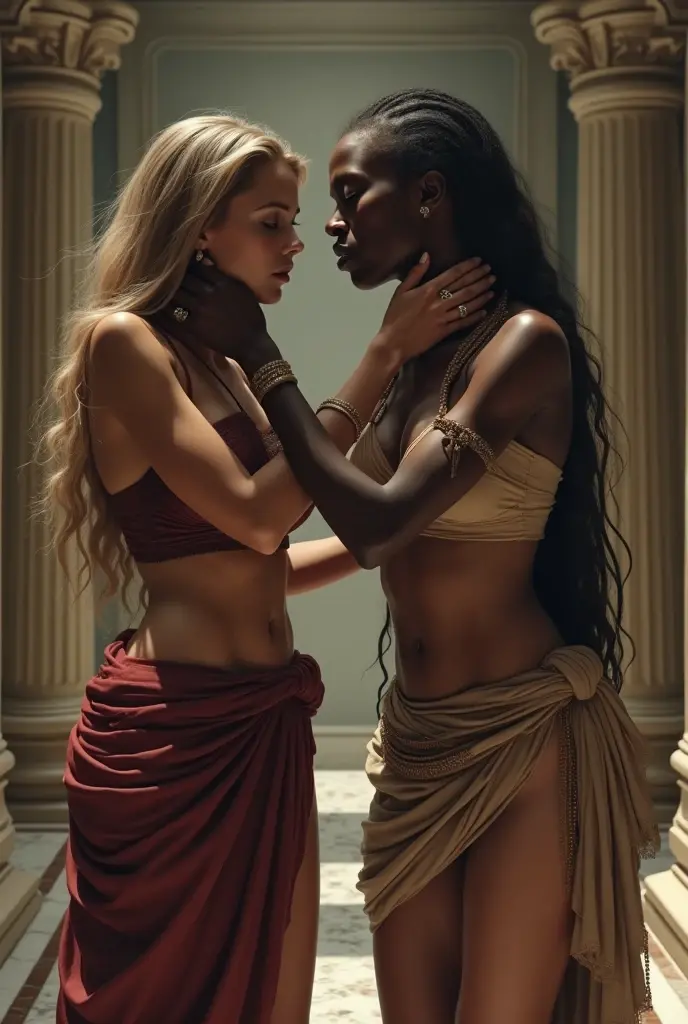 white skinned russian imperial queen with dark skinned daughter, and dark skinned african tribal queen with pale white skinned daughter,medeval age, both have a similar build, both are sitting an a bench , in a luxurious palace , both their faces have a angry frown , kissing eachother while they hide a gold glowing rings in their hands behind their back while their daughters are in the distance kissing in the pool