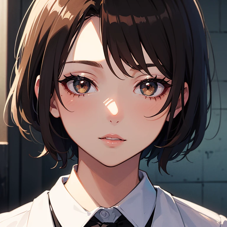Trans Girl, Formal, Latina, Short Hair, Black Hair, Medium Build, Brown Eyes, Portrait, Cartoon style.