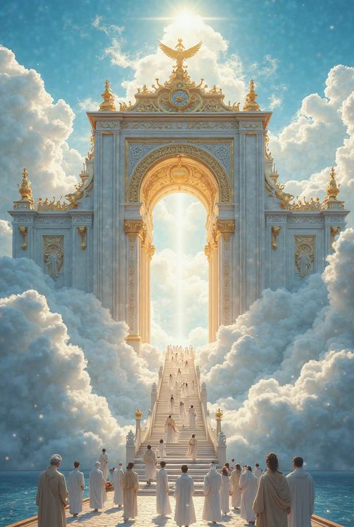 Prompt:
"A grand heavenly gate surrounded by clouds, golden and white architecture with intricate details, a long staircase leading up to the entrance, many people dressed in white robes walking towards the gate, a divine and peaceful atmosphere, bright blue sky with glowing clouds, an ethereal light shining from the gate, ultra-realistic and cinematic."
