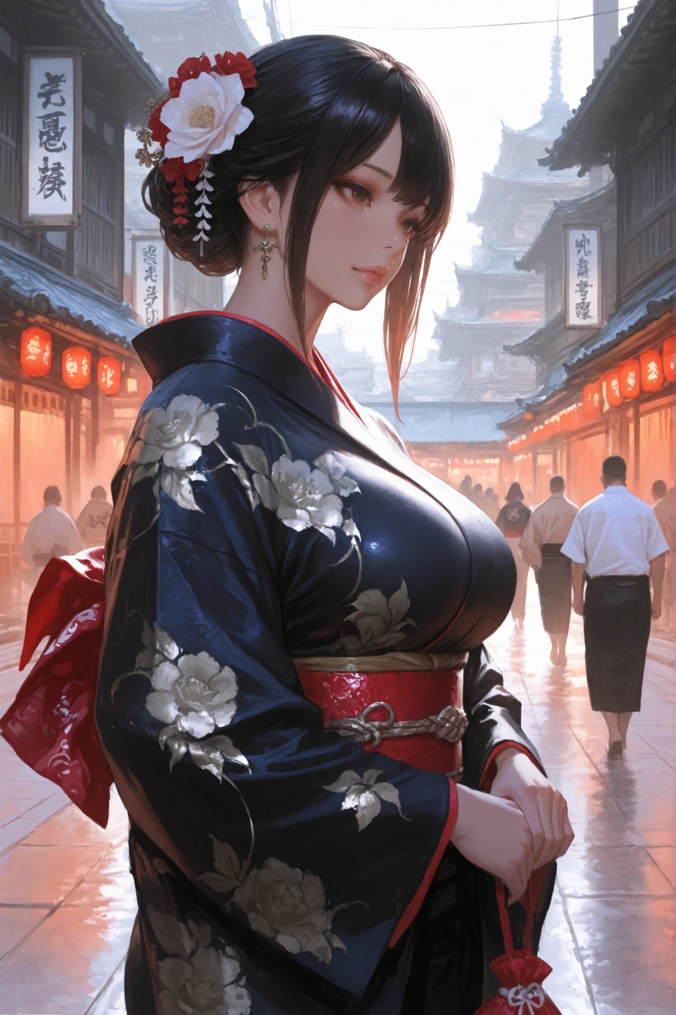 Big Japanese gang, kimono，Big Breasts，high quality,Professional grade ,super realistic,4K Ultra HD,HDR,detailed,vivid and realistic,soft light,Elegant and dignified,Cool and noble , exquisite and ornate ,Dark Tones,Deep and mysterious,Bustling City。