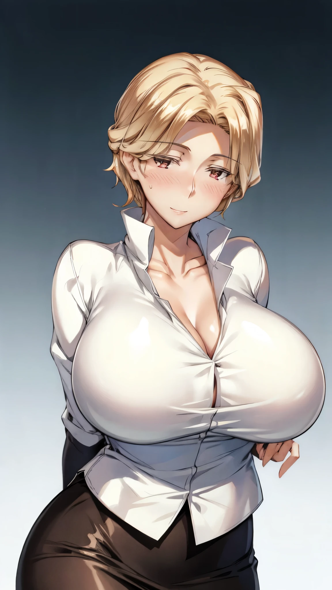 Simple White Background,
dynamic pose,standing at attention,
school_uniform,white shirt,collared shirt,
<lora:Reina_Hamazaki_Imaizumin-KK77-V2:0.6>,
blonde hair, blue eyes,short hair,Bangs,
<lora:Oda_Non_Style-KK77-V2:0.3>,<lora:more_details:0.2>,<lora:Reina_Hamazaki_Imaizumi-KK77-V1:0.3>,
1 girl, 20yo,Young female,Beautiful long legs,Beautiful body,
Beautiful Nose,Beautiful character design, perfect eyes, perfect face,expressive eyes,perfect balance,
looking at viewer,(Focus on her face),closed mouth,Evil_Smile,
official art,extremely detailed CG unity 8k wallpaper, perfect lighting,Colorful, Bright_Front_face_Lighting,White skin,
(masterpiece:1.0),(best_quality:1.0), ultra high res,4K,ultra-detailed,
photography, 8K, HDR, highres, absurdres:1.2, Kodak portra 400, film grain, blurry background, bokeh:1.2, lens flare, (vibrant_color:1.2),professional photograph,
(Beautiful,large_Breasts:1.4), (beautiful_face:1.5),(narrow_waist),