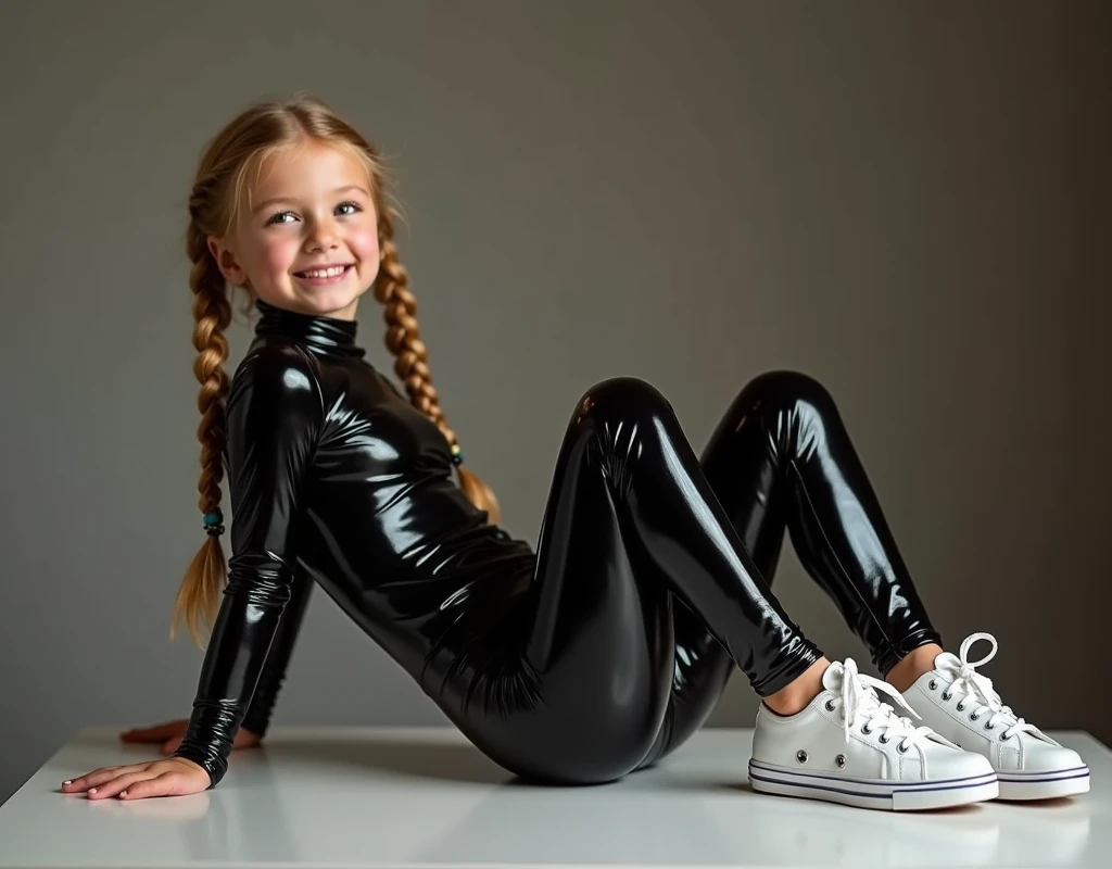 Kids girl in black latex leggins