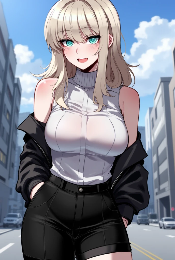 top-quality、Top image quality、masterpiece、girl with((Black tank top、White coat、Black leather pants、sixteen years old、teen ager、cute little、Best Bust、big bast,Beautiful light blue eyes、Breasts wide open, a blond、A slender,Large valleys、belligerent movements,Hugging gestures、dye one's cheeks red、shivering、sapphire earrings、exhale white、Hats、Cold Face)),hiquality、Beautiful Art、Background with((ice burn city、snowflakes falling、Heavy snow falls)))、masutepiece、depth of fields,8K