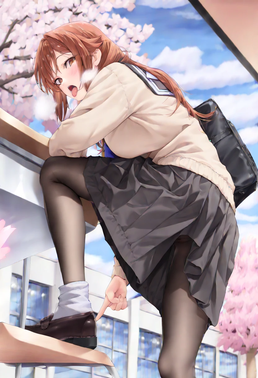 1girl in, Orange hair, Gray eyes, BREAK skirt, Shirt, School uniform, Pleated skirt, Collar, Short sleeves, grey skirt, (white shirt:1.3), thighs thighs thighs thighs, Detailed face and eyes, masutepiece, Best Quality, 4K, nffsw, (View from behind1.3)、 (black panties:1.3)、(Skirt that rolls up:1.3)、(Fully exposed panties:1.5),、red blush、embarrassed from、, Accidental exposure, Skirt lift, (Bag), (Ass), embarrassed, Blushing, wobbly mouth, (angry), from behind, Looking at Viewer, Outside, Panties, Sexy, thick thighs, wide hips、plein air、outside of house、Look at viewers、