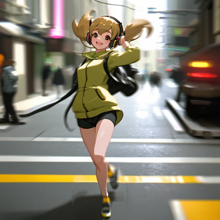 A girl with Headphones, Best Quality, Smile, walk on street. Motion blur