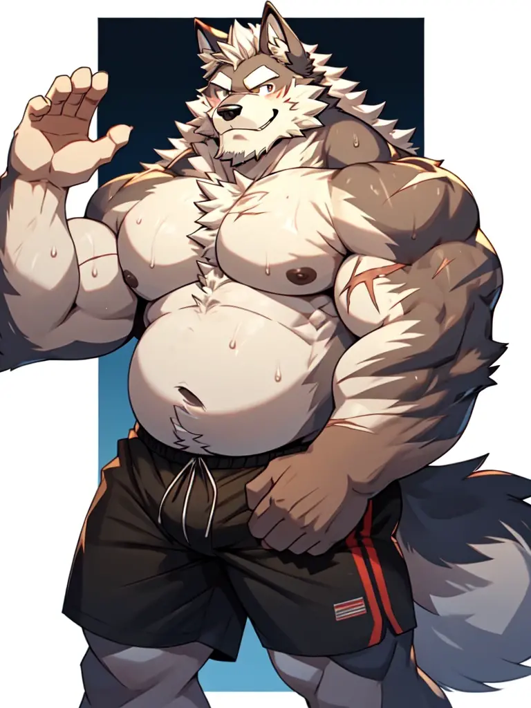 4k, high resolution, best quality, masterpiece, perfect shadows, front view, furry, solo, muscular, big muscles, beard, long white hair, wolf, male, adult, masculine, strong man, fat, chubby, shirtless shorts briefs, belly, nipples, sweat, looking at viewer, shy, blushing smiling, happy, waving to viewers((correct anatomy)), huge scars on body, white background