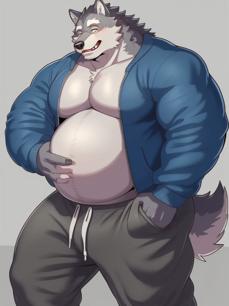 ((solo)), anthro wolf , Legoshi, beatsars, adult, dense fat, bara (fat:1.1), (correct anatomy:)2.8, (soft body):1.0, (detailed fur texture:1.3), background (gym:1.0), (black sweatpants), (bare torso), mall, bare paws, Large belly,(belly size:1.5) (detailed clothing), ultradetailed, by grimfaust, A person squirming around in his belly, natural lighting, (sweat:0.5, wet:0.2, lots of sweat dripping down), vascular veins, canine head (detailed eyes), (steaming breath:1.2), ((pleased:1.4) expression), (view from below:0.5),best quality,