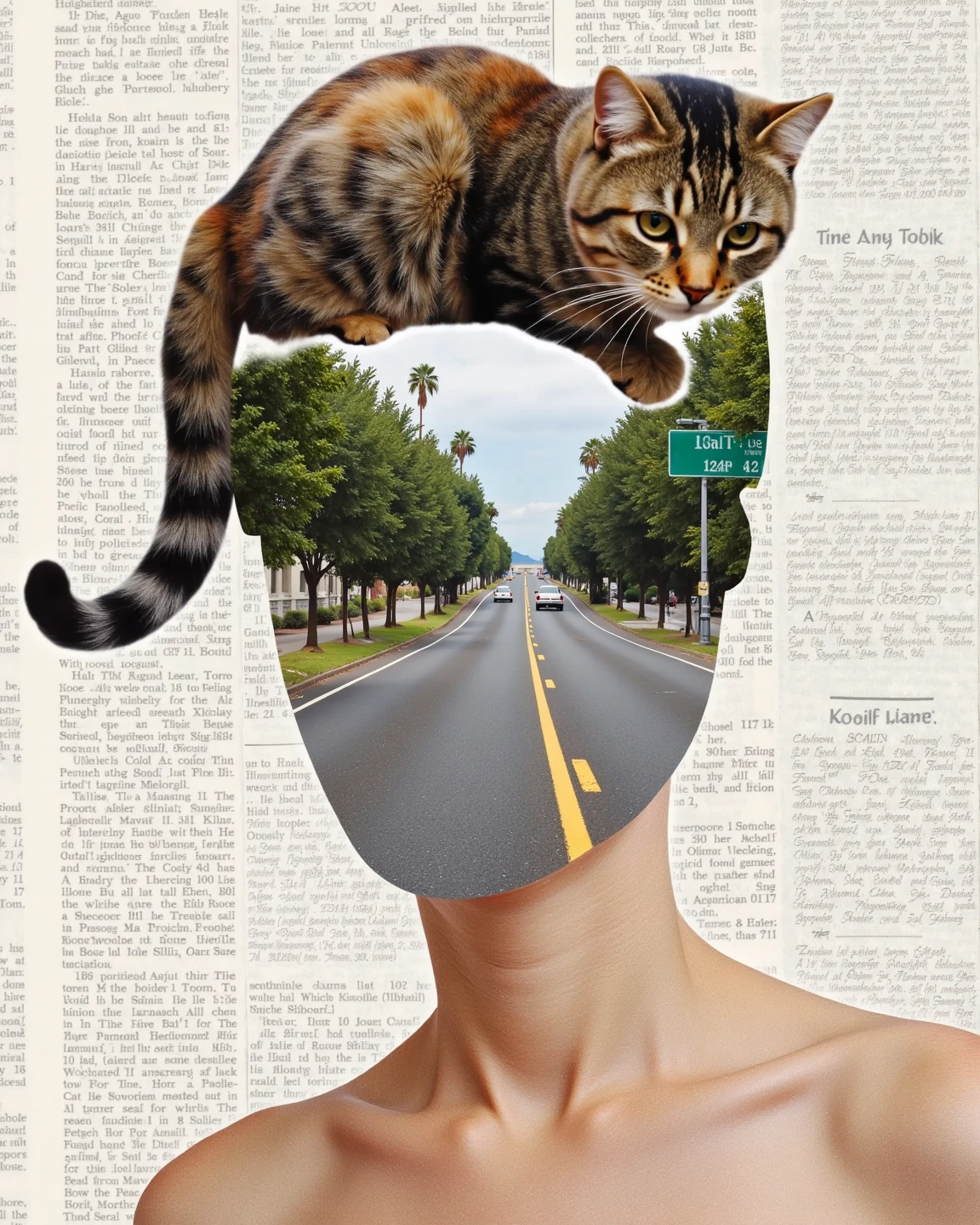 Environmental issues,SDGs,Monochrome,Colorful cans tered on the street, Super Long Shot,Innovative and surreal art,A cat stands,Like a Richard Avedon photograph