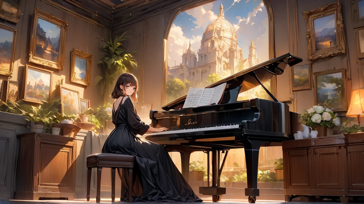 Comfortable的房間裝飾著一幅描繪巴黎街邊一個露天咖啡廳，Oil painting of a cute girl playing the piano with a triangle. This painting is the central decoration of the room, Catch everyone's eyes. Let us create a high-quality hint for stable diffusion，to produce a beautiful image that brings the scene to life:

"Comfortable,  Warm Room ，A large oil painting, Show a picturesque view of the streets of Paris at dusk. The light should be carefully designed，Soft strokes，gives one a feeling of tranquility and tranquility。. The focus of the image is the detailed depiction of the cafe,   Golden Sun , 創造一種包圍觀眾的Comfortable氛圍. This painting itself is A masterpiece, Exquisite penmanship, with fine details, with a soft. The light should be carefully designed, captures the dreaminess of the moment. wall paintings decorated with elegant picture frames , Warm Light, elegantly creates a charming atmosphere, Inviting the audience to immerse in what is being filmed The tranquility and beauty of the moment. The image should be of the best quality, with high resolution and ultra-detailed rendering，Capture the painting and its surroundings The Nature of the Environment. Art style should reflect traditional oil painting techniques, Focus on realistic and photo-level realism.  colors that should be warm and attractive , Expresses the elegance of rich tones，Infused with warm radiance. color，to highlight the painting and create a sense of depth and dimension throughout the scene. hints should convey a sense of awe and tranquility, invites the viewer to walk into this tranquil lakeside oasis."

Remember not to include any explanations，The light 