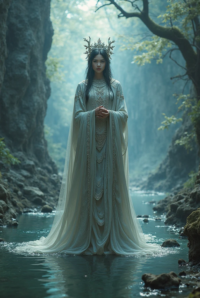 Create a simulated real-life photo of the God of the Lost River in the Underworld，front，Oriental Beauty