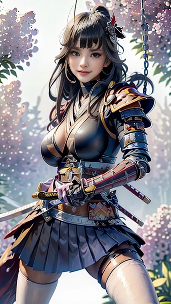 a woman wearing a weak blue kimono, big breasts, long black hair, samurai helm, holding a katana, in a landscape with bamboo, smiling.HDR, ultra resolution, well defined, masterpiece, 8K HD. (woman alone)