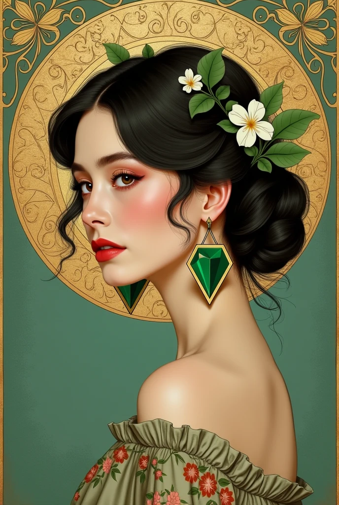 A beautiful woman with pale skin and dark wavy hair styled in a loose bun, adorned with green leaves and white flowers. She is wearing large emerald green geometric earrings with gold frames. Her expression is confident, with soft makeup, rosy cheeks, and red lips. She is dressed in a floral-patterned vintage dress in muted tones. The background features an intricate golden halo with ornate Art Nouveau designs, set against a teal textured backdrop. The style is inspired by Alphonse Mucha with modern digital painting techniques, detailed, elegant, soft lighting, oil painting texture, portrait orientation.