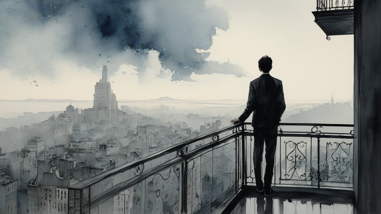 A balcony overlooking a bustling city, with one person standing still, contemplating life’s pace.surrealist art style combined with smudged watercolor paint. The scene is a bit dark.