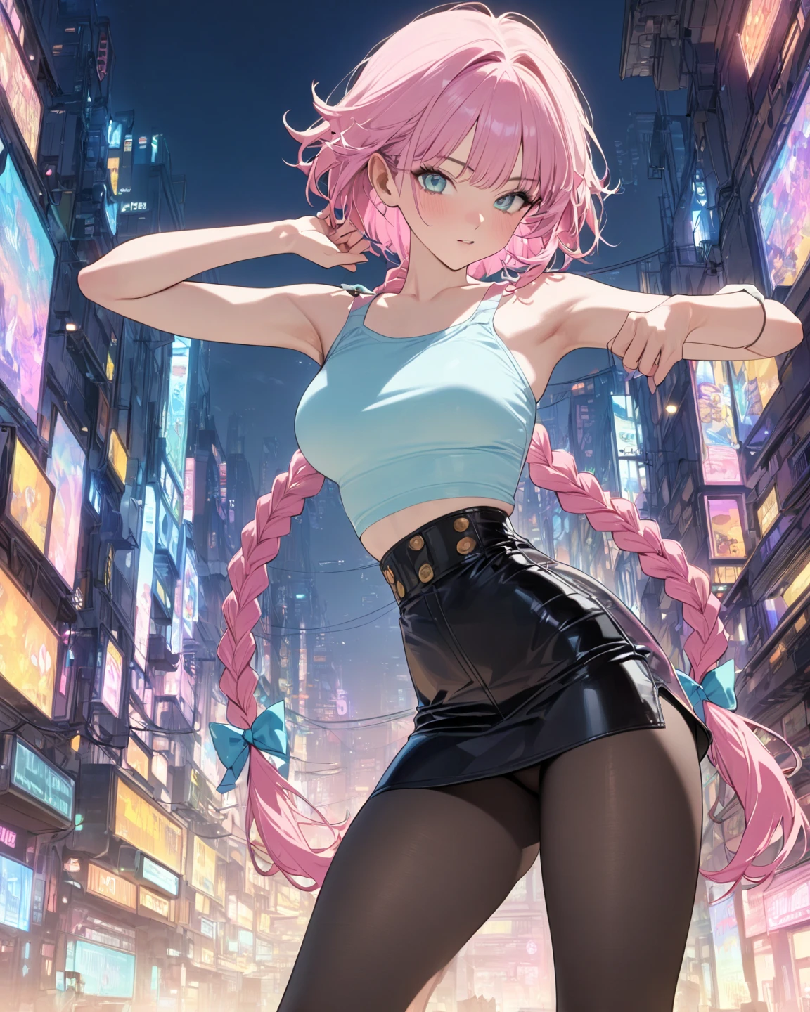   beautiful girl  、(    Beautiful Girl High Definition:1.2,    very detailed ,     newest,      lively ,       masterpiece:1.2,     Beautiful Girl High Definition,     best aesthetics ),  ((  girl posing in a cool pose  :1.4)),     colorful hair falling off her shoulders,ショートBobポニーテール   braids ,      pastel   ,       1980s Style      , ((Retro,       vintage,      Earthless Background       )) ,     Beautiful eyes and high quality,      masterpieceハイビジョン    masterpiece 、     short hair 　Bob　   braids　bungs、     Gal Fashion  、    miniskirt、     Thin Black Pantyhose   、Cyberpunk Tokyo Background、Flowerpunk、   Thick waist and thighs   、       Amazing Gradation Effects         