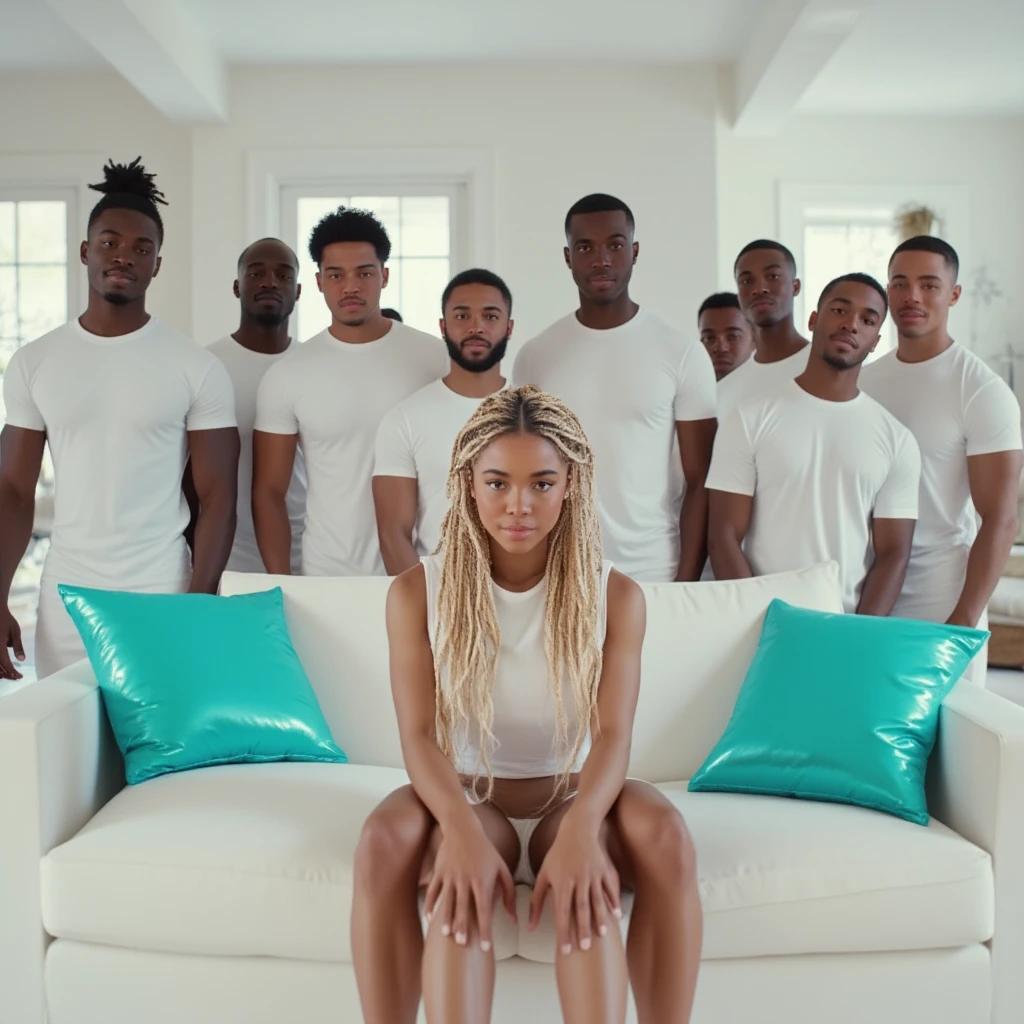 (Best Quality,Unparalleled Masterpiece:1.4) one tall muscular black man, four women with beautiful highly detailed faces are wearing white turtleneck-shirts and white yoga-pants (the four women express desire) (the four women surround and worship a single tall muscular black man, the beautiful women are touching him and snuggling the tall muscular black man, perfectly detailed face, anatomically perfect nose, anatomically perfect eyes, anatomically perfect hands. IF ONE PERSON IN THE PICTURE IS A MAN THEN THE REST MUST BE WOMEN, IF THERE IS ONE MAN THEREFORE THE NEXT PERSON MUST BE A WOMAN, no crosseye, no same two pose are the same