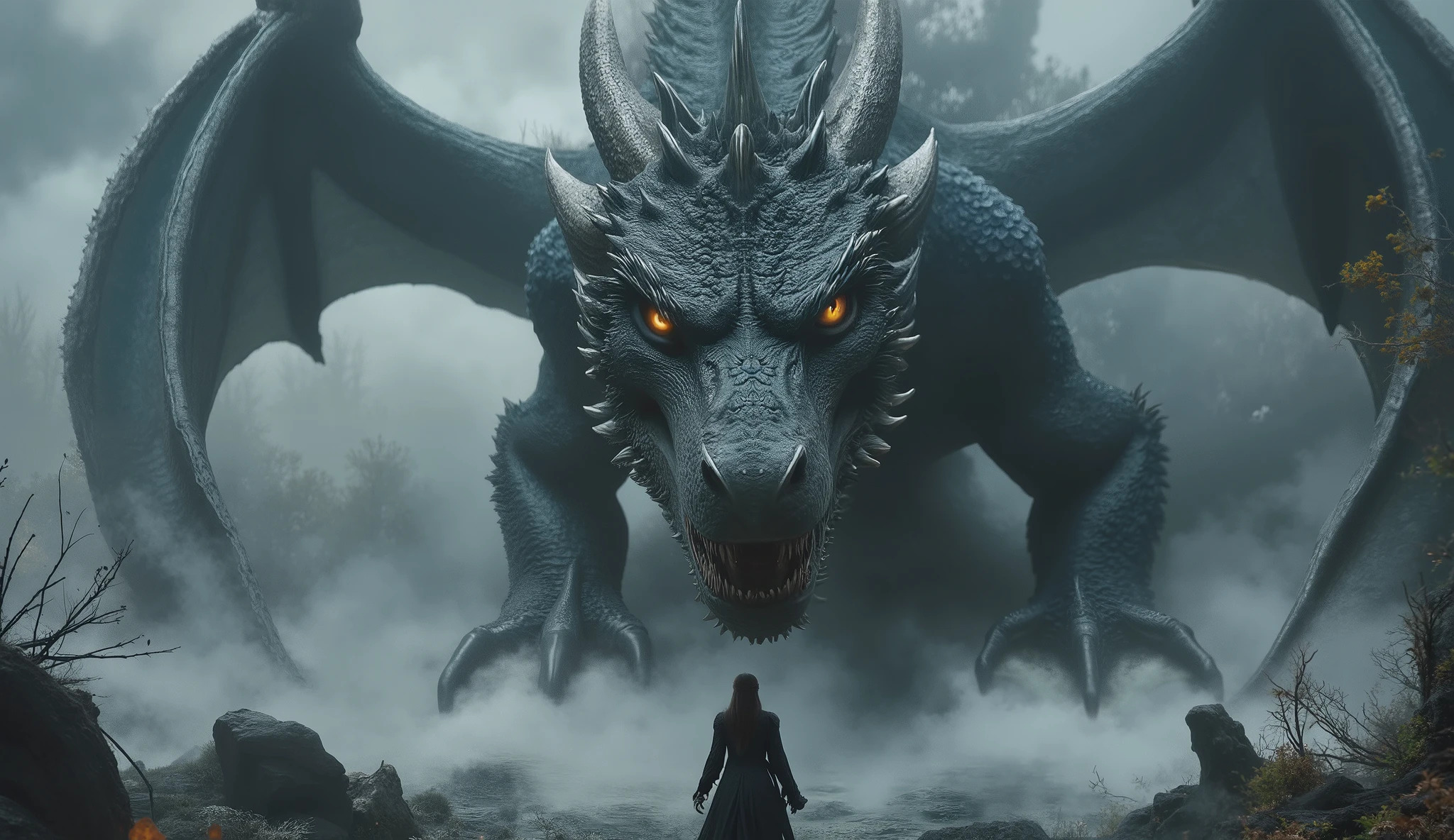 A colossal dragon with obsidian scales soars above the fog-shrouded forest, its wings cutting through the mist. Golden eyes gleam like distant stars as it watches the woman below. She stands frozen, her dress billowing, eyes wide with awe. Epic fantasy scale, gothic grandeur, ultra-realistic textures, dramatic sky, cinematic framing.
Mythical creature, misty ambiance, dynamic perspective, detailed scales, glowing eyes, dark and majestic vibe.