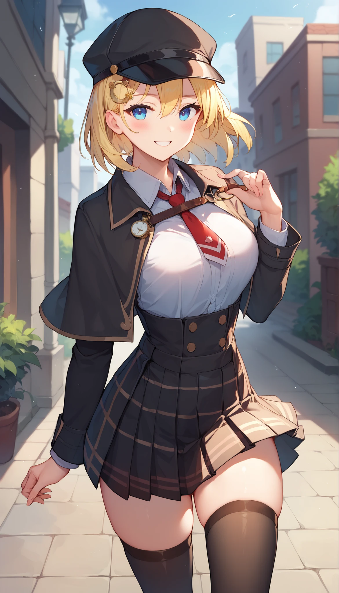 score_9,score_8_up,score_7_up,score_6_up BREAK official art,solo,outdoors,cowboy shot,looking at viewer,facing viewer,smile,blush,Watson Amelia,detective,black headwear,blonde hair,medium hair,bob cut,monocle hair ornament,hair between eyes,parted bangs,blue eyes,collarbone,black capelet,red necktie,short necktie,white sleevless shirt,collared shirt,medium breasts,skindentation,long sleeves,pocket watch,high-waist skirt,black skirt,pleated skirt,plaid skirt,zettai ryouiki,thighs,black thighhighs,loafers, dark dress code