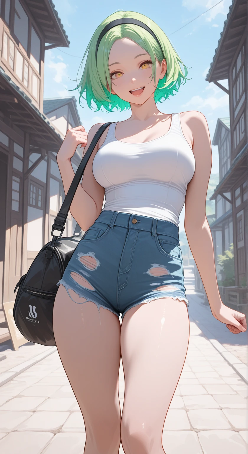 1girl, anime girl, anime, (dark skin), stylish girl, bracelet, necklace, earrings, 2d girl, 18y, (fullbody), standing, anime girl, seductive smile, (green hair), flowing hair, hair flowing in the wind, ((blue blouse)), Solo, Slim, Big Breasts, Tight Shorts, low waist shorts, upshorts, outdoors, night background, flowers, looking at viewer, darker shadows, (((Wedgie))), (((explicit))), (((explicit))), (((shorts))), (((absurdres))), (((thigh gap))), (((cameltoe))), (((cleft of venus))), (((lowleg shorts))), (((innie pussy))), (((inniepussy))), (((innie_pussy)))