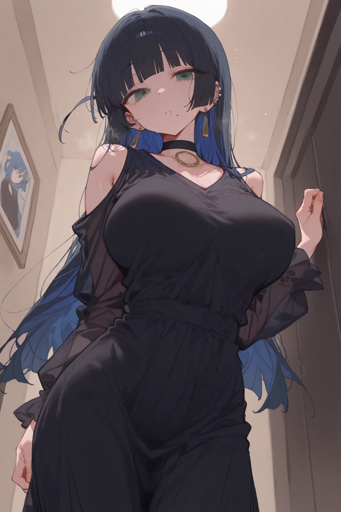 ((No bra, no panties, black one-piece dress with blue roses))Black Hair，Red eyes，Carly，Adorable，Black high heels on your feet，whole body，Fingers and arms are not exposed，Background of red roses，night，Happy expression，High quality light and shadow，Artistic Sense((Hair Bun))(Very long hair))((Blunt bangs))((Bitch))((tsurime))((Big eyes))((Skinny body))((expensive))(Pale skin))((Botanical Prints))((infant))((Showing nipples under shirt))(Pale skin))((Botanical Prints))((infant))((nsfw))((((5 years old)))(((infant)))((Lolita)