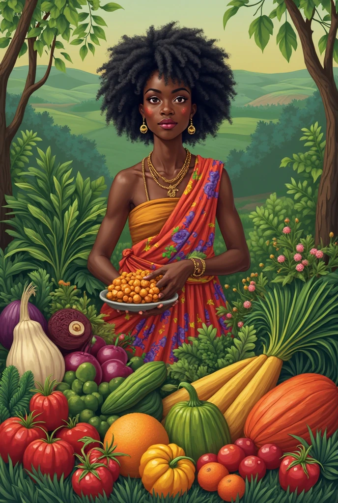 CREATE AN IMAGE OF AFRICAN   HOLDING VEGETABLES WHILE  EATING FRUITS USE GREEN BACKGROUD FEATURES A NATURAL VEGETAB
