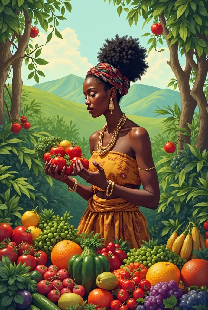 CREATE AN IMAGE OF AFRICAN   HOLDING VEGETABLES WHILE  EATING FRUITS USE GREEN BACKGROUD FEATURES A NATURAL VEGETAB