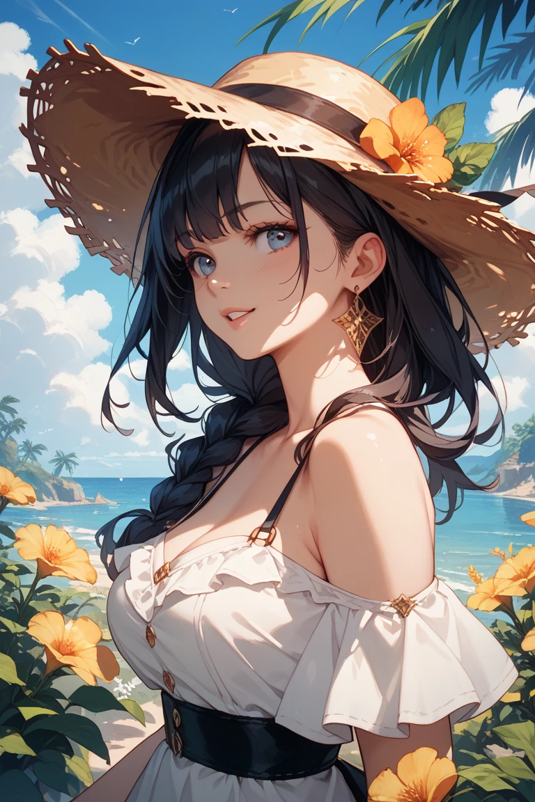 (masterpiece:1.2, best quality), 1lady, solo, upper body, big tits,
Elegant and flowy maxi dress in a vibrant color or pattern
Polished and radiant with natural-looking makeup and loose waves
Beachside resort or a garden party
Floppy sun hat and oversized sunglasses, with a straw tote bag to complete the look
Loose waves or braided updo, with floral hair accessories for a touch of whimsy