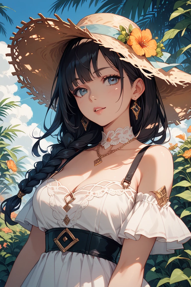 光线追踪,{top-quality}, {{masterpiece}}, {hight resolution}, original, Very detailed 8k wallpaper, {extremely delicate and beautiful},incredibly_absurdres,colourfull,intricate detailes,artbook,florals, 1girl in, Hats, a plant, straw_hat, fronds, lily_\(florals\), potted_plant, sleeveless, 独奏, looking_at_viewer, Sun flower, hat_flower, breastsout, bare_shoulders, bangss, medium_breasts, upper_body, parted_lips,White skirt, Full body like